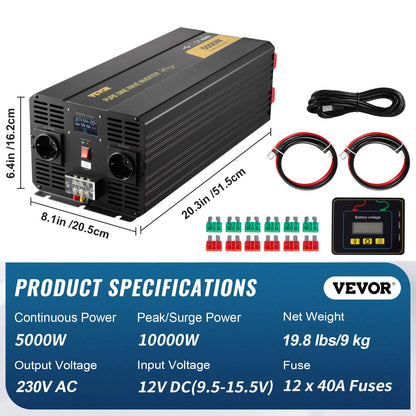 Ren sinusvågsväxelriktare, 5000 watt, strömomvandlare, DC 12V till AC 230V bilväxelriktare med LCD-skärm USB-port och fjärrkontroll, strömomvandlare för bil, husbil, lastbil, solsystem, resor, camping