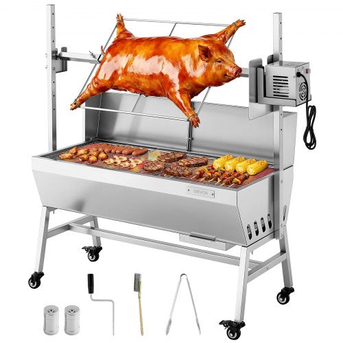 Rotisserie Grill, 38W BBQ Outdoor Pig & Lamb Spit Roaster, Charcoal Spit Roaster with 60 kg Load Capacity & 7-Level Height, Stainless Steel Electric Rotisserie Grill Kit for Camping Outdoor
