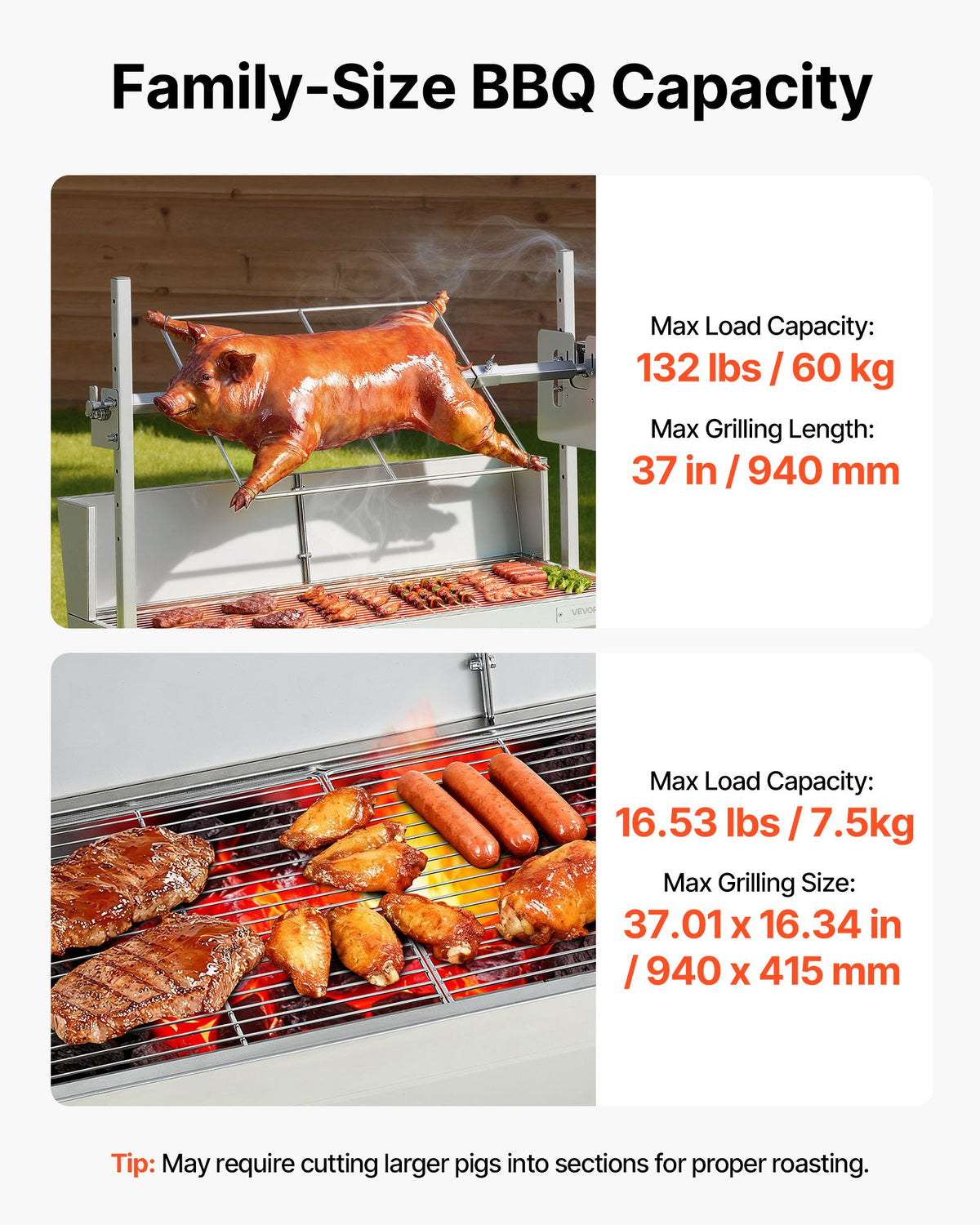 Rotisserie Grill, 38W BBQ Outdoor Pig & Lamb Spit Roaster, Charcoal Spit Roaster with 60 kg Load Capacity & 7-Level Height, Stainless Steel Electric Rotisserie Grill Kit for Camping Outdoor
