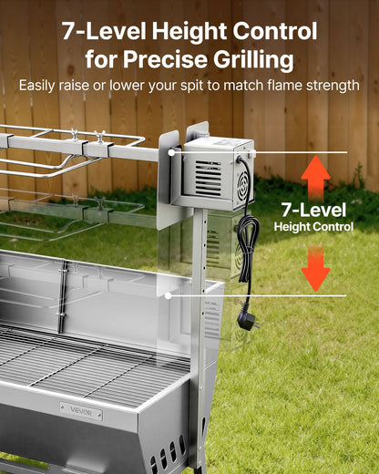 Rotisserie Grill, 38W BBQ Outdoor Pig & Lamb Spit Roaster, Charcoal Spit Roaster with 60 kg Load Capacity & 7-Level Height, Stainless Steel Electric Rotisserie Grill Kit for Camping Outdoor