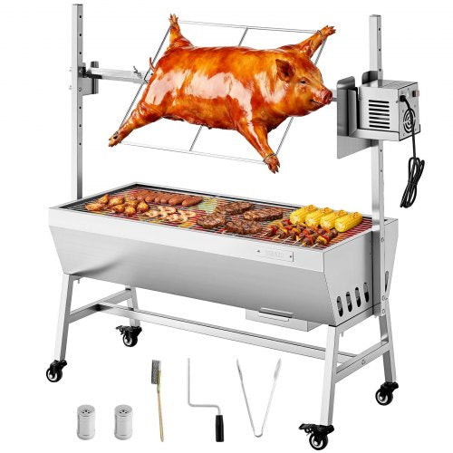 Rotisserie Grill, 38W BBQ Outdoor Pig & Lamb Spit Roaster, Charcoal Spit Roaster with 60 kg Capacity, Wheels & 7-Level Height, Stainless Steel Electric Rotisserie Grill Kit for Camping Outdoor