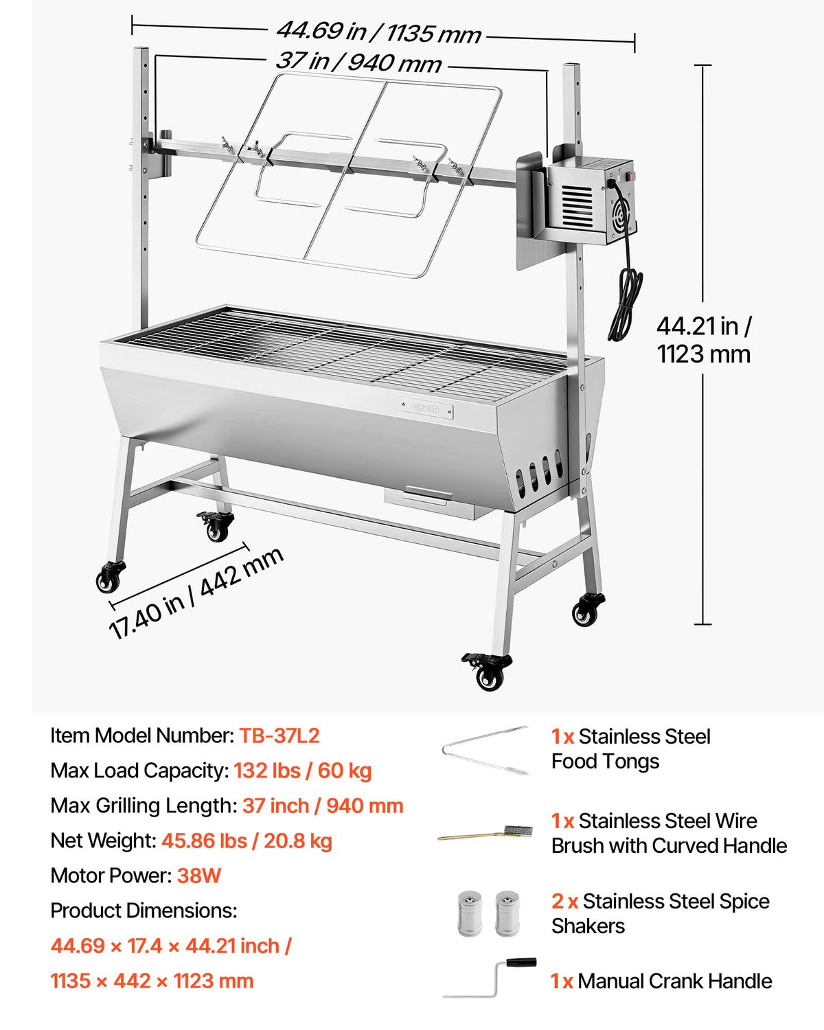 Rotisserie Grill, 38W BBQ Outdoor Pig & Lamb Spit Roaster, Charcoal Spit Roaster with 60 kg Capacity, Wheels & 7-Level Height, Stainless Steel Electric Rotisserie Grill Kit for Camping Outdoor