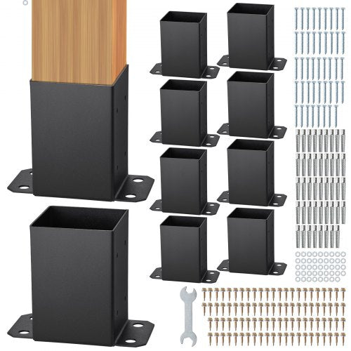 101,6x101,6 mm stolpfäste 10 st, innermått 91x91 stolpfästen, kraftiga pulverlackerade stolpankare i mattsvart trä, stolpfästen för paviljongdäck, räcke, stöddäck, bottenplatta