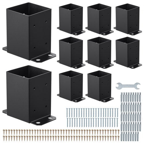 4x4 stolpbas 10 st, innerstorlek 3,6x3,6 tum / 91,44x91,44 mm stolpfästen, kraftiga däckstolpar i kolstål, trästolpfästen för paviljongdäck, stöddäcksbasplatta, svart