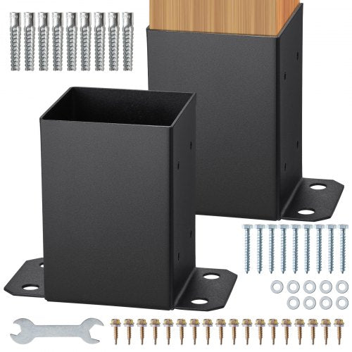 101,6x101,6 mm stolpbas 2 st, innermått 91x91 stolpfästen, kraftiga pulverlackerade stolpankare i mattsvart trä för paviljongdäck, räcke, stöddäck, bottenplatta