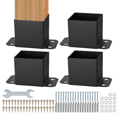 152,4x152,4 stolpfäste 4 st, innermått 142x142 stolpfästen, kraftiga pulverlackerade stolpankare i mattsvart trä, stolpfästen för paviljongdäck, räcke, stöddäck, bottenplatta