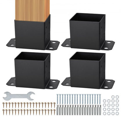 152,4x152,4 stolpfäste 4 st, innermått 142x142 stolpfästen, kraftiga pulverlackerade stolpankare i mattsvart trä, stolpfästen för paviljongdäck, räcke, stöddäck, bottenplatta