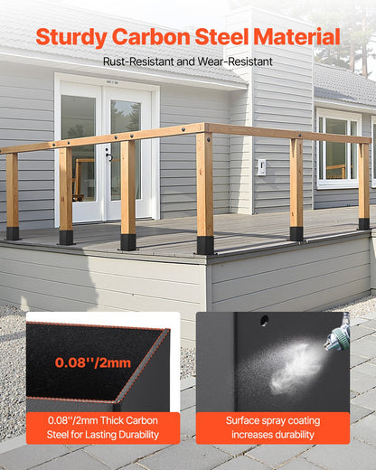6x6 stolpbas 4 st, innerstorlek 5,6x5,6 tum / 142x142 mm stolpfästen, kraftiga däckstolpar i kolstål, trästolpfästen för paviljongdäck, stöddäck, bottenplatta, svart
