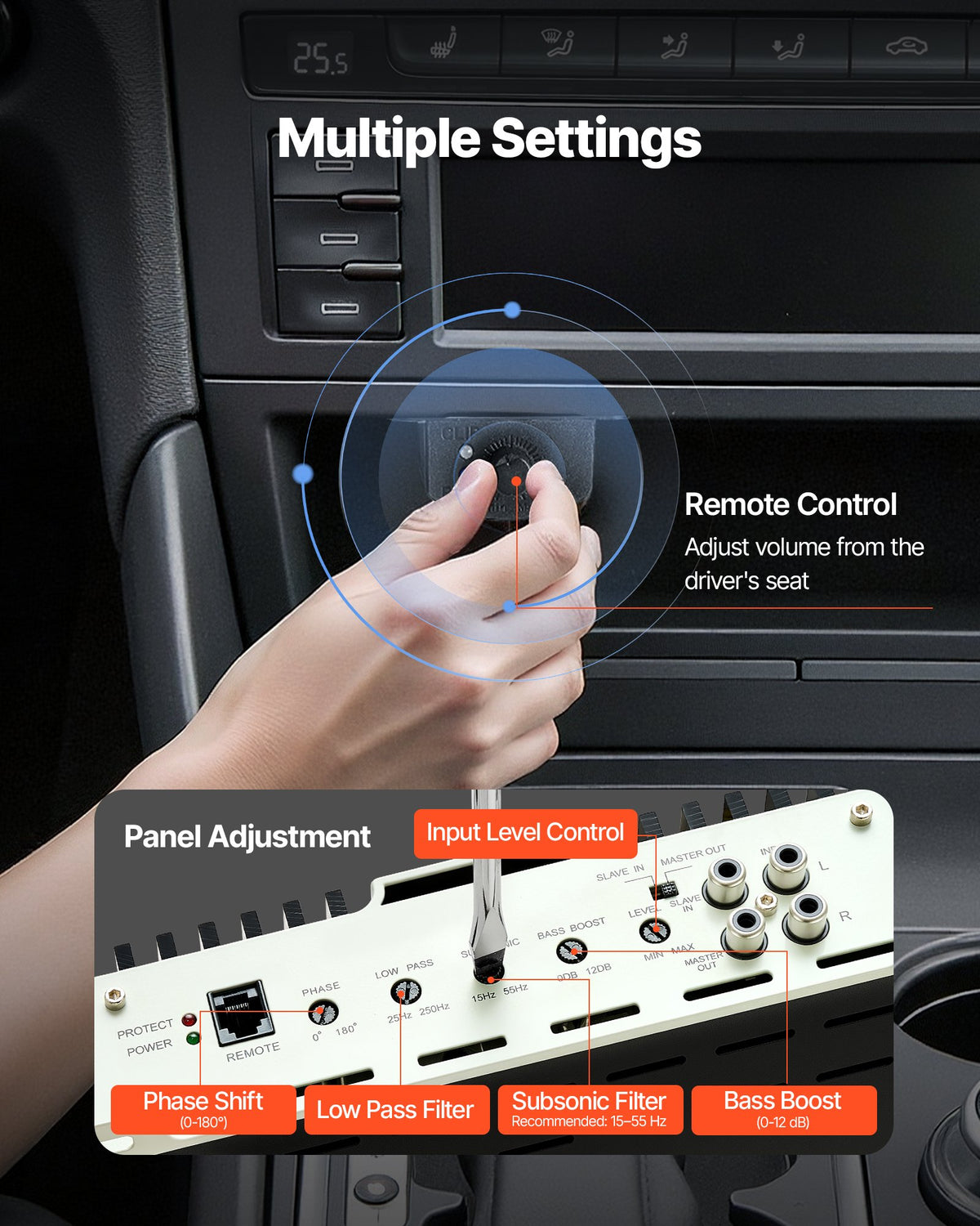 Monoblock Car Amplifier, 800W RMS MAX, 1/2/4 Ohm Stable, 1-Channel Class D Car Audio Amplifier with Remote Subwoofer Level Control, Low Pass Filter, Bass Boost & Phase Shift, Volume Controller