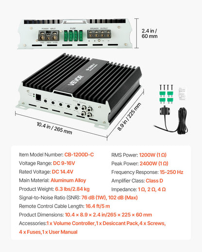 Monoblock Car Amplifier, 1200W RMS MAX, 1/2/4 Ohm Stable, 1-Channel Class D Car Audio Amplifier with Remote Subwoofer Level Control, Low Pass Filter, Bass Boost & Phase Shift, Volume Controller