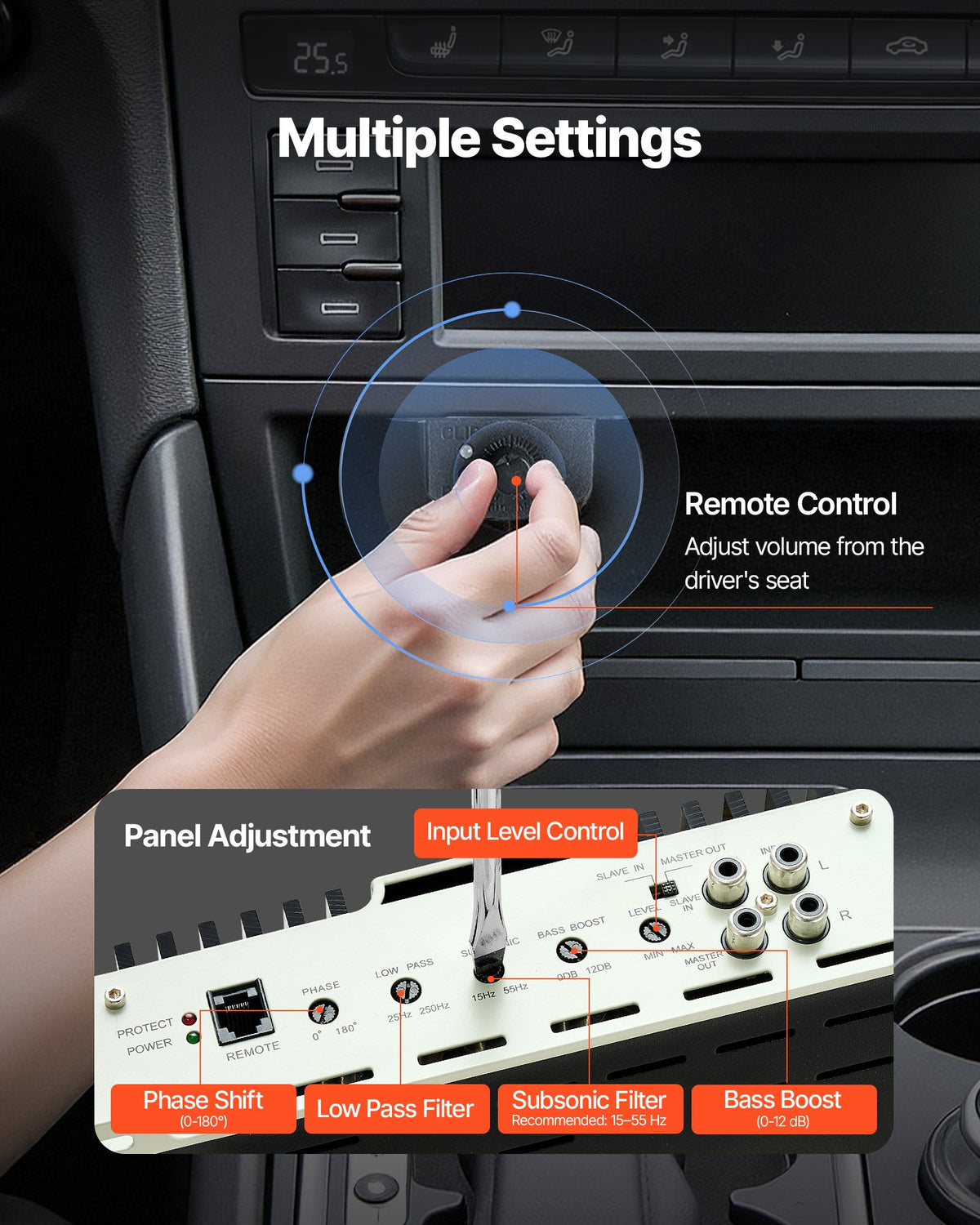 Monoblock Car Amplifier, 400W RMS MAX, 1/2/4 Ohm Stable, 1-Channel Class D Car Audio Amplifier with Remote Subwoofer Level Control, Low Pass Filter, Bass Boost & Phase Shift, Volume Controller