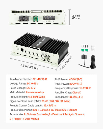 Monoblock Car Amplifier, 400W RMS MAX, 1/2/4 Ohm Stable, 1-Channel Class D Car Audio Amplifier with Remote Subwoofer Level Control, Low Pass Filter, Bass Boost & Phase Shift, Volume Controller