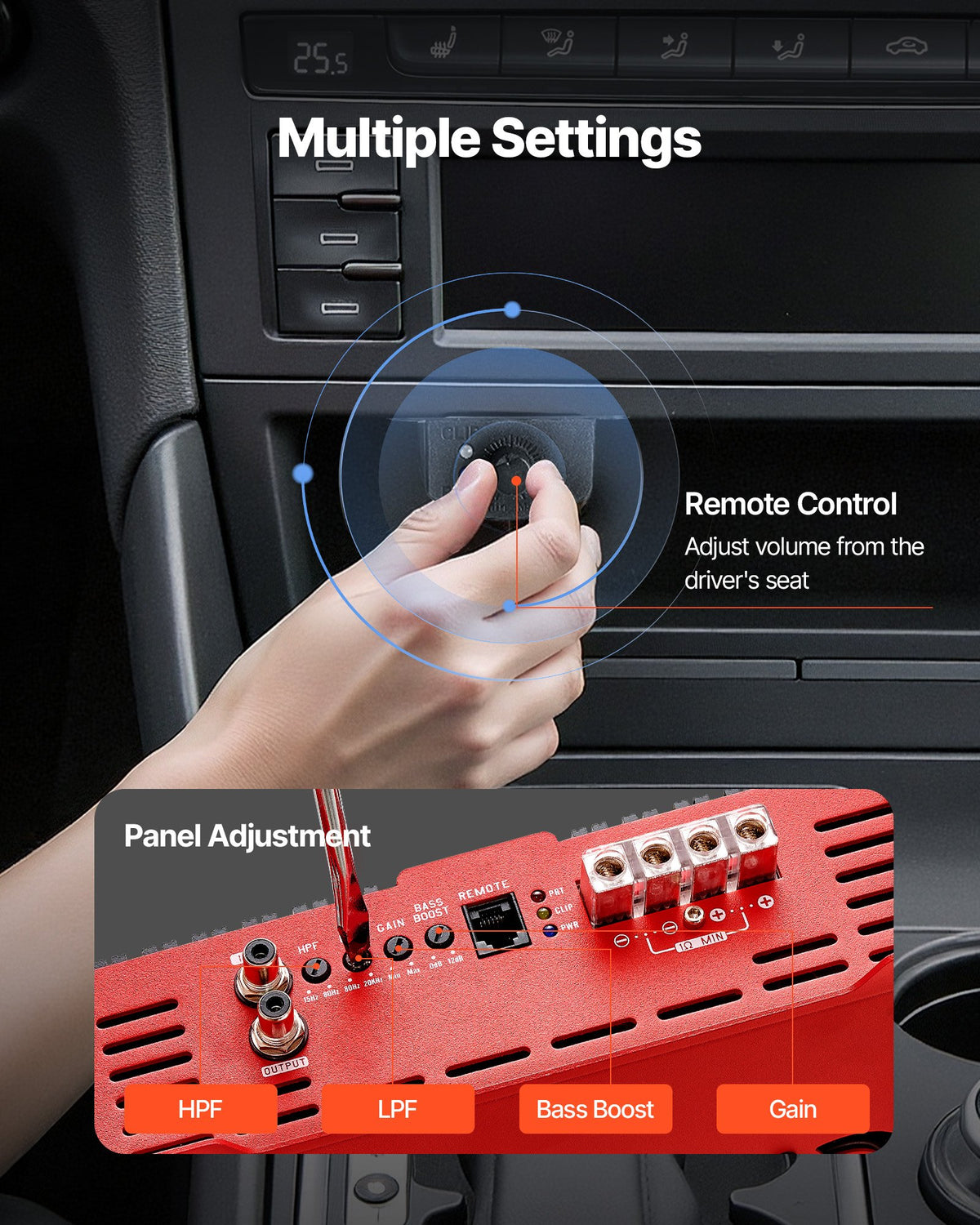 Monoblock Car Amplifier, 2000W RMS MAX, 1/2/4 Ohm Stable, 1-Channel Class D Car Audio Amplifier with Remote Subwoofer Level Control, Low Pass Filter and Bass Boost, Volume Controller Included
