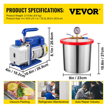 3 CFM 1/4HP enstegsvakuumpump, 3 gallon (13 liter) vakuumkammarsats, HVAC A/C-kylsats