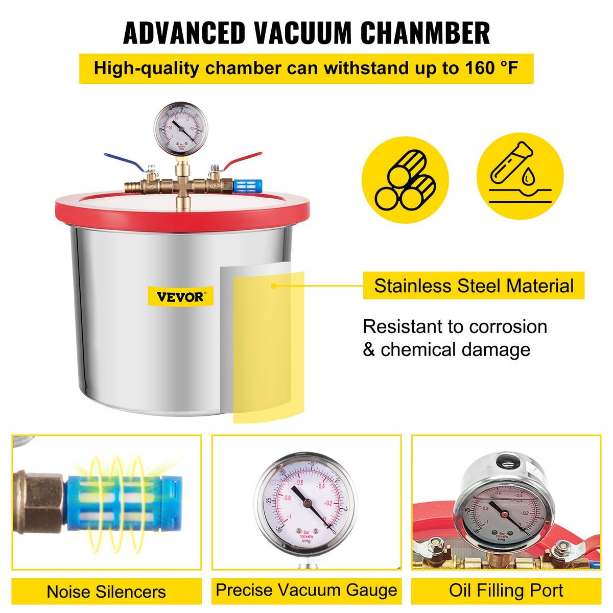 7,6 liters vakuumkammare med silikonepoxiavgasning, 4 CFM, 113 l/min, 1/3 hk vakuumpump