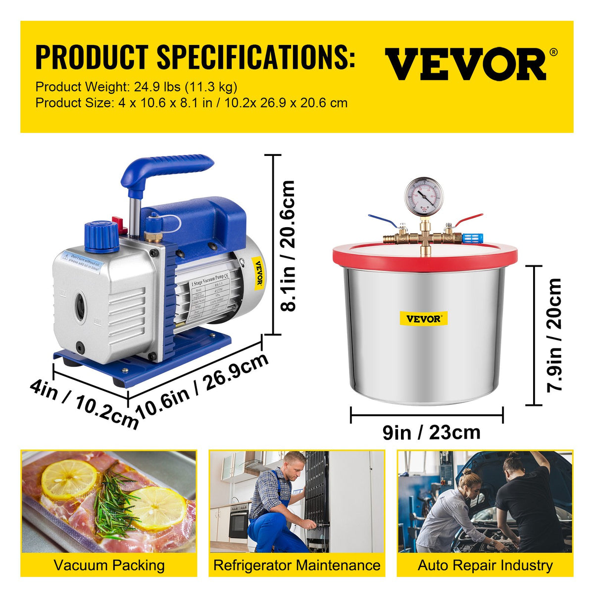 7,6 liters vakuumkammare med silikonepoxiavgasning, 4 CFM, 113 l/min, 1/3 hk vakuumpump