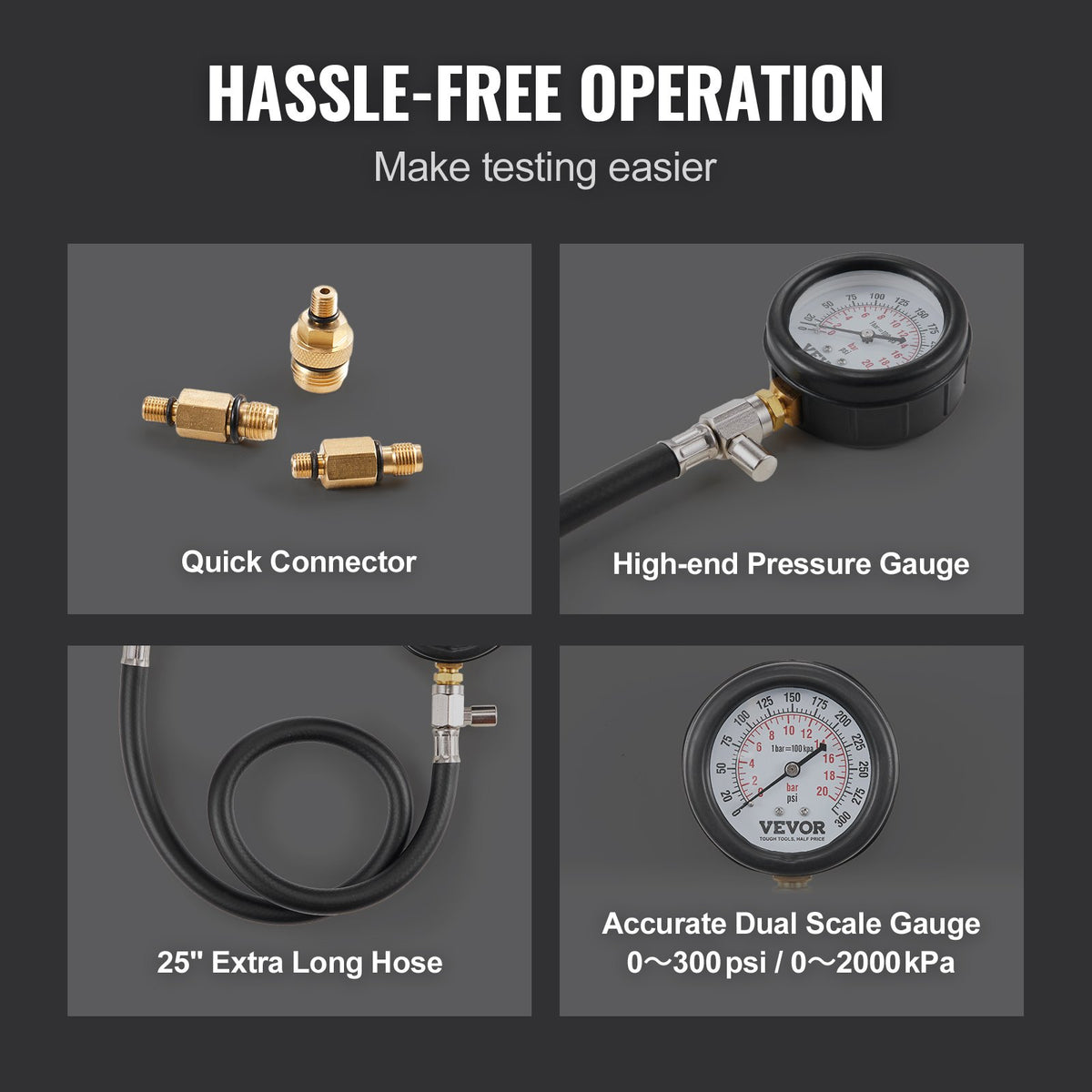 Compression Tester Adapter Kit, 9 Pcs Automotive Engine Cylinder Leak Down Compression Test, Accurate Dual Scale Pressure Gauge 0-300 psi, with Long Reach Hoses and Case for Engine Cylinders