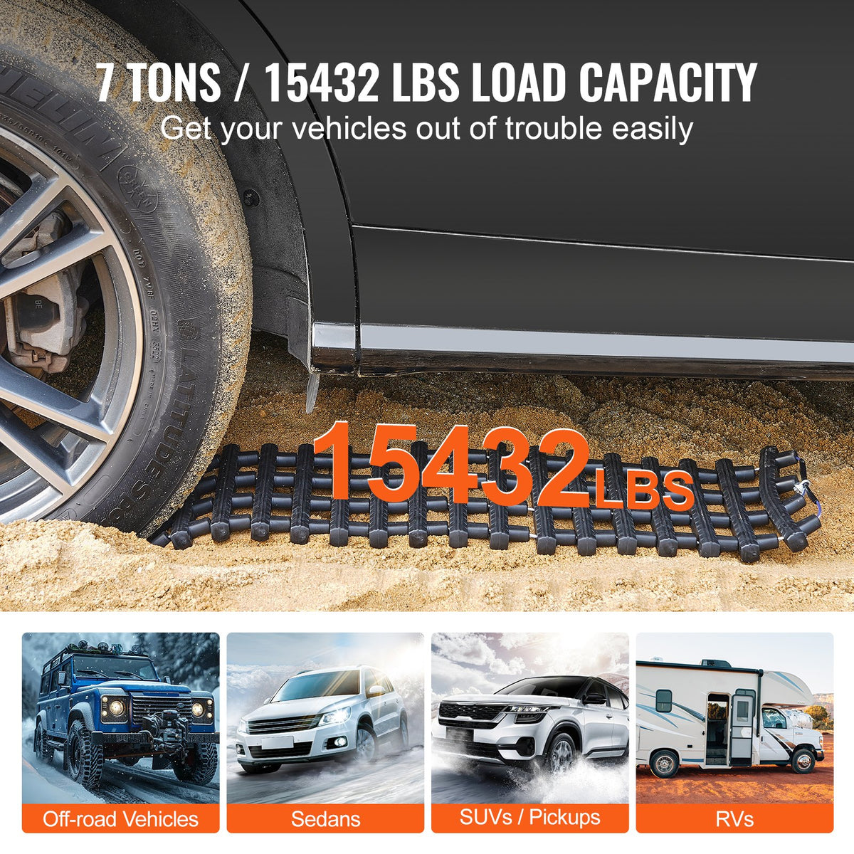 7 tons dragbrädor med TPR-material, bärgningsbrädor för terrängfordon/bilar/pickuper/SUV/husbilar, par däckdragningsmattor på snö, sand, lera och lös terräng, förvaringsväskor, korta, svarta