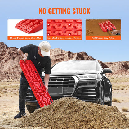 10 tons dragbrädor med PP-material, bärgningsbrädor för terrängfordon/bilar/pickuper/SUV/husbilar, par däckdragningsmattor på snö, sand, lera och lös terräng, förvaringsväska, lång, röd