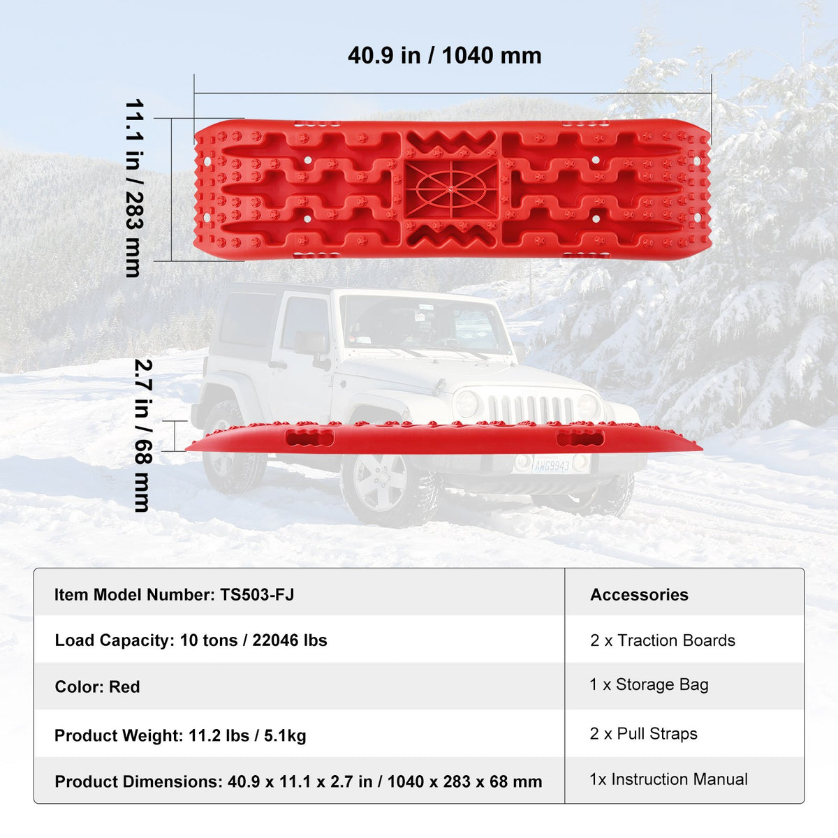 10 tons dragbrädor med PP-material, bärgningsbrädor för terrängfordon/bilar/pickuper/SUV/husbilar, par däckdragningsmattor på snö, sand, lera och lös terräng, förvaringsväska, lång, röd