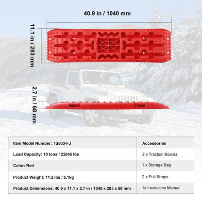 10 tons dragbrädor med PP-material, bärgningsbrädor för terrängfordon/bilar/pickuper/SUV/husbilar, par däckdragningsmattor på snö, sand, lera och lös terräng, förvaringsväska, lång, röd