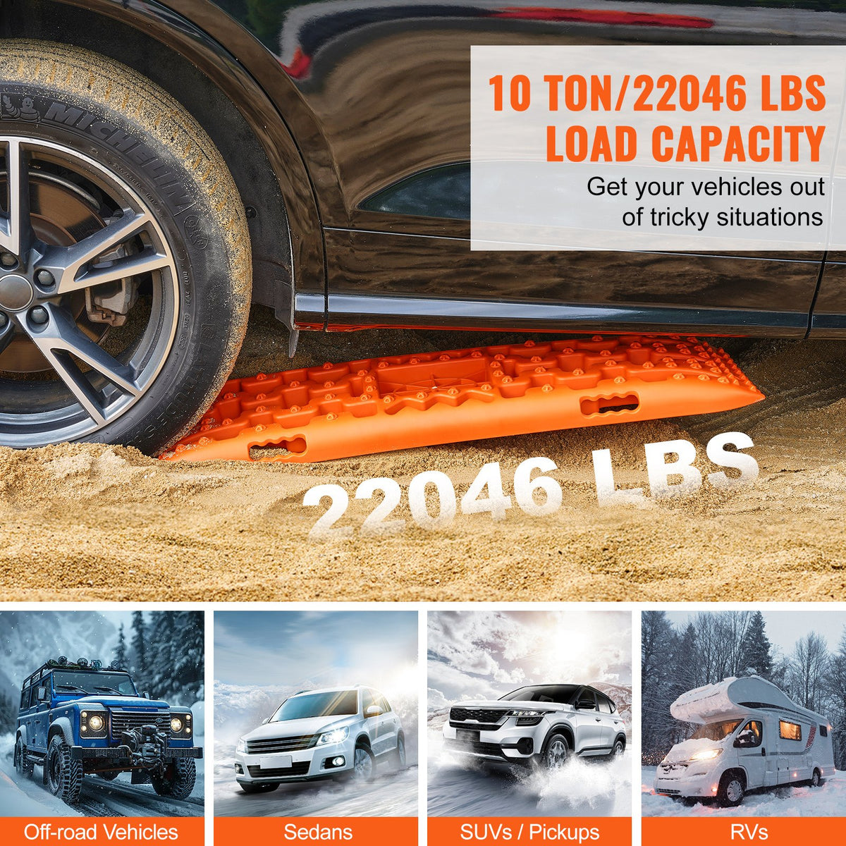 10 tons dragbrädor med PP-material, bärgningsbrädor för terrängfordon/bilar/pickuper/SUV/husbilar, par däckdragningsmattor på snö, sand, lera och lös terräng, förvaringsväska, lång, orange