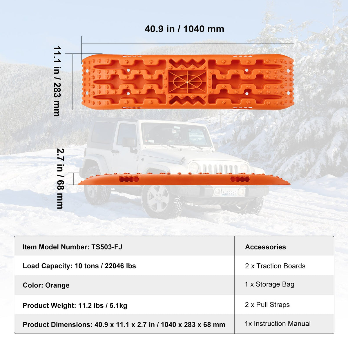 10 tons dragbrädor med PP-material, bärgningsbrädor för terrängfordon/bilar/pickuper/SUV/husbilar, par däckdragningsmattor på snö, sand, lera och lös terräng, förvaringsväska, lång, orange