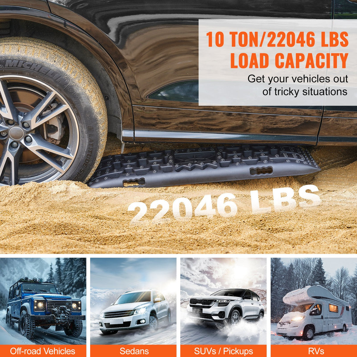 10 tons dragbrädor med PP-material, bärgningsbrädor för terrängfordon/bilar/pickuper/SUV/husbilar, par däckdragningsmattor på snö, sand, lera och lös terräng, förvaringsväska, lång, svart