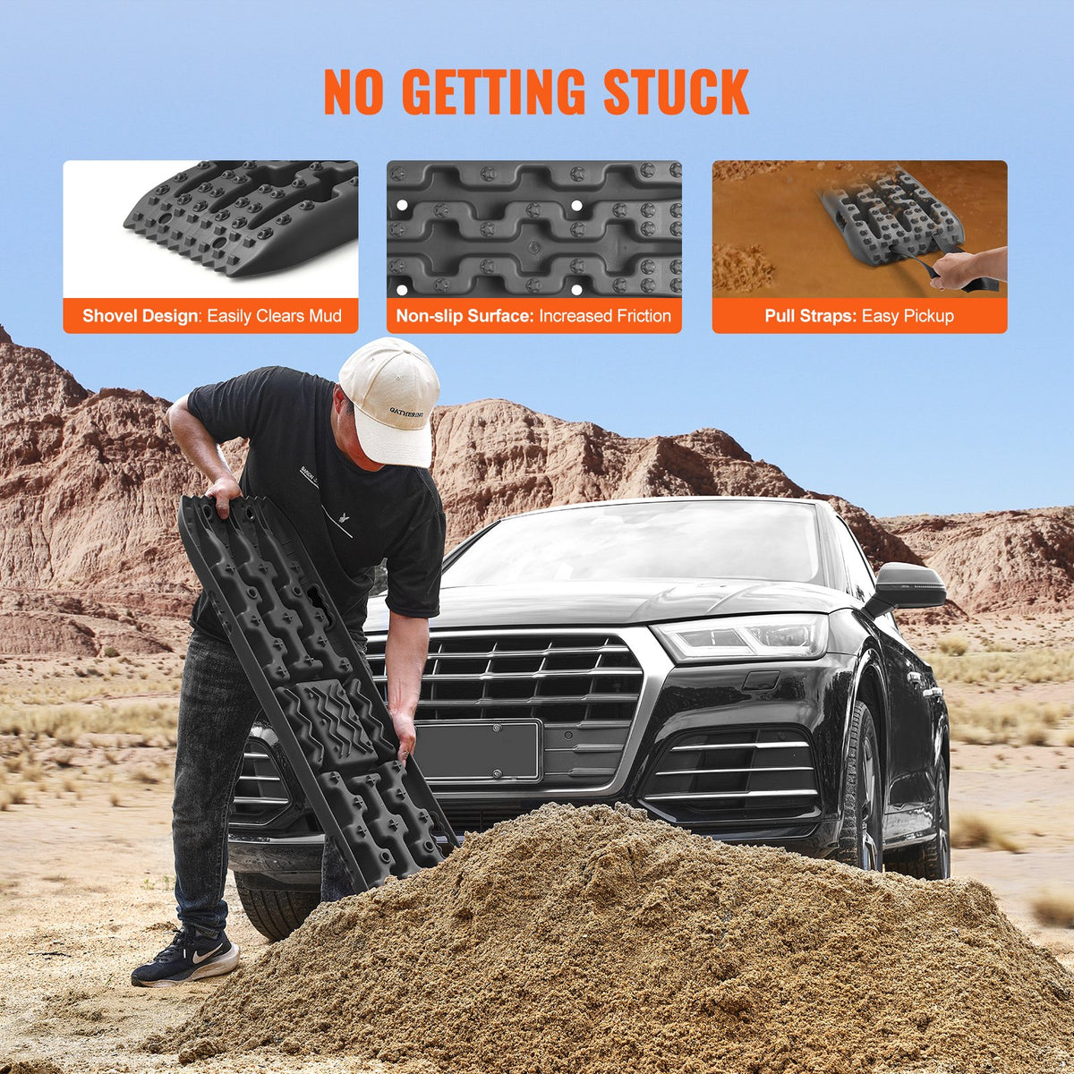 10 tons dragbrädor med PP-material, bärgningsbrädor för terrängfordon/bilar/pickuper/SUV/husbilar, par däckdragningsmattor på snö, sand, lera och lös terräng, förvaringsväska, lång, svart