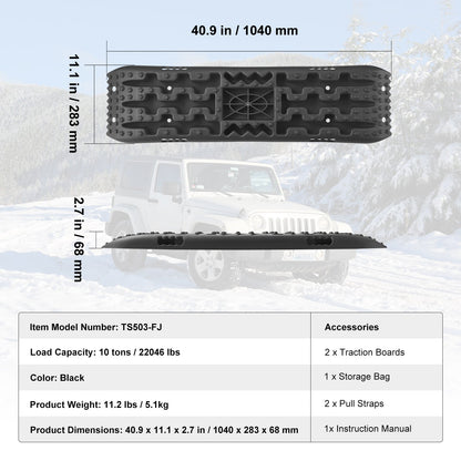 10 tons dragbrädor med PP-material, bärgningsbrädor för terrängfordon/bilar/pickuper/SUV/husbilar, par däckdragningsmattor på snö, sand, lera och lös terräng, förvaringsväska, lång, svart