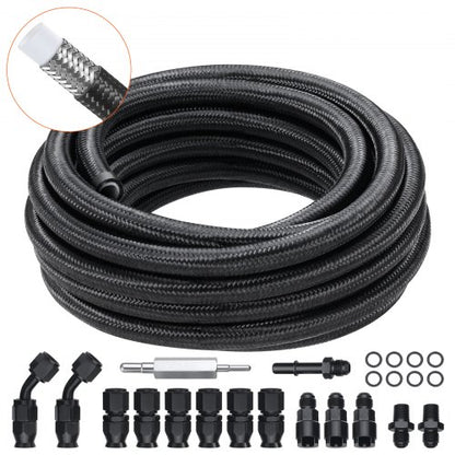 6AN bränsleledningssats, 25 fot bränsleslangsats, 5/16" nylon rostfritt stål flätad PTFE bränsleledningssats, E85/Olja/Gas/Diesel slangändkopplingssats, med 15 delar vridkopplingsadaptersats, svart