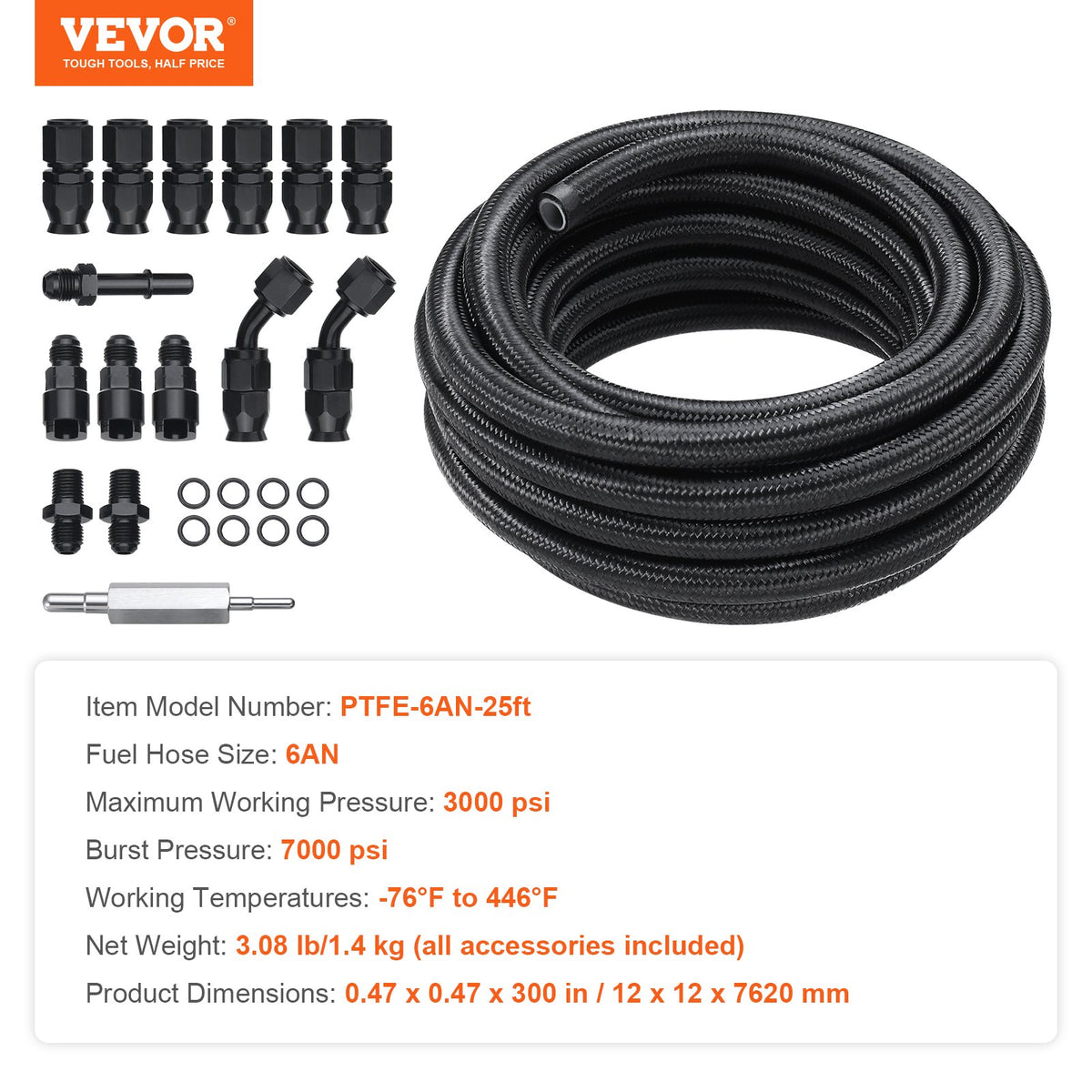 6AN bränsleledningssats, 25 fot bränsleslangsats, 5/16" nylon rostfritt stål flätad PTFE bränsleledningssats, E85/Olja/Gas/Diesel slangändkopplingssats, med 15 delar vridkopplingsadaptersats, svart