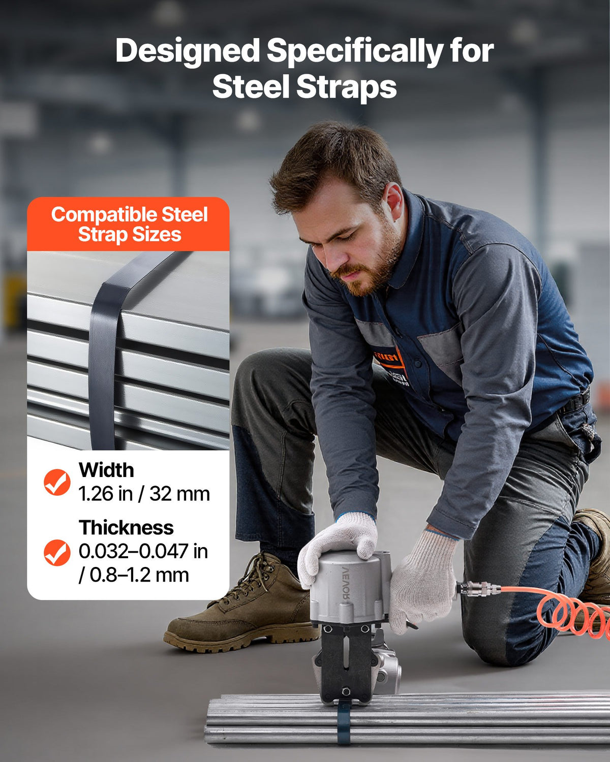 Pneumatisk stålbandningsmaskin, 8500 N spänningskraft, metallbandningsverktyg, spännare och skärförslutare för 32 mm breda metallband, kraftig delad balpress för höghållfast förpackning