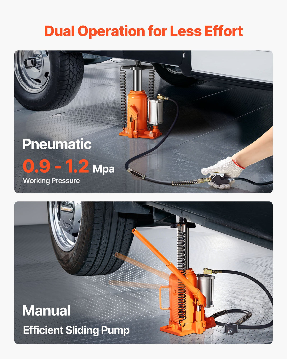 Air Hydraulic Bottle Jack, 20 Ton (44092 lbs) Capacity, 260-495 mm Lifting Range, Pneumatic/Manual Heavy Duty Welded Bottle Jack with Pump for SUV, Pickup, Truck, RV, Car Auto Repair, Orange