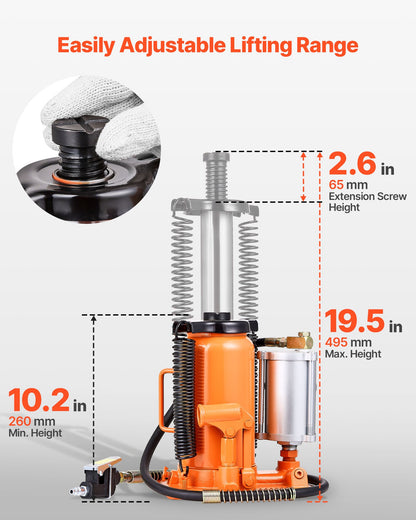 Air Hydraulic Bottle Jack, 20 Ton (44092 lbs) Capacity, 260-495 mm Lifting Range, Pneumatic/Manual Heavy Duty Welded Bottle Jack with Pump for SUV, Pickup, Truck, RV, Car Auto Repair, Orange