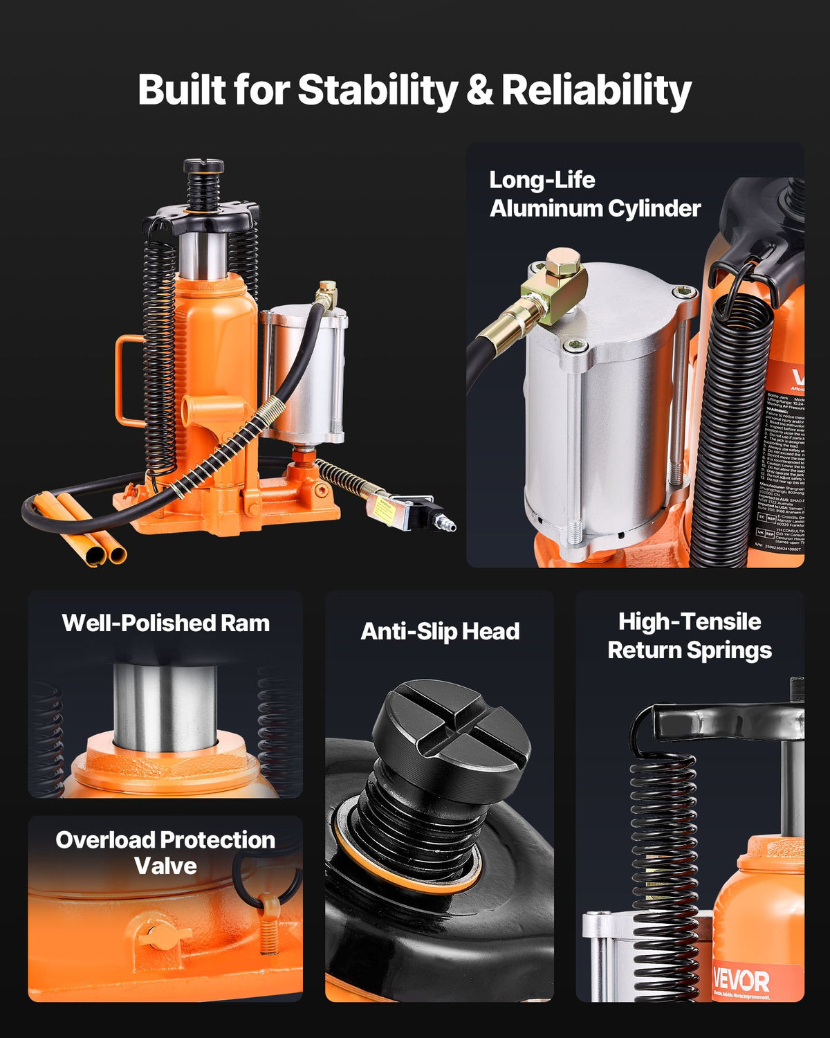 Air Hydraulic Bottle Jack, 20 Ton (44092 lbs) Capacity, 260-495 mm Lifting Range, Pneumatic/Manual Heavy Duty Welded Bottle Jack with Pump for SUV, Pickup, Truck, RV, Car Auto Repair, Orange