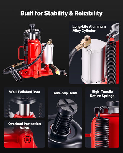 Air Hydraulic Bottle Jack, 20 Ton Load Capacity, 260-495 mm Lifting Range, Pneumatic/Manual Heavy Duty Welded Bottle Jack with Pump for Car, Pickup, Truck, RV, SUV, Auto Repair, House Lift, Red