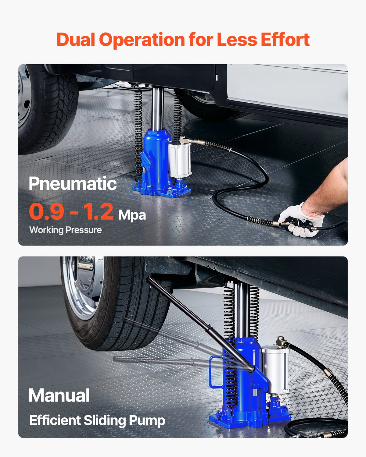 Air Hydraulic Bottle Jack, 20 Ton Load Capacity, 260-495 mm Lifting Range, Pneumatic/Manual Heavy Duty Welded Bottle Jack with Pump for Car, Pickup, Truck, RV, SUV, Auto Repair, House Lift, Blue