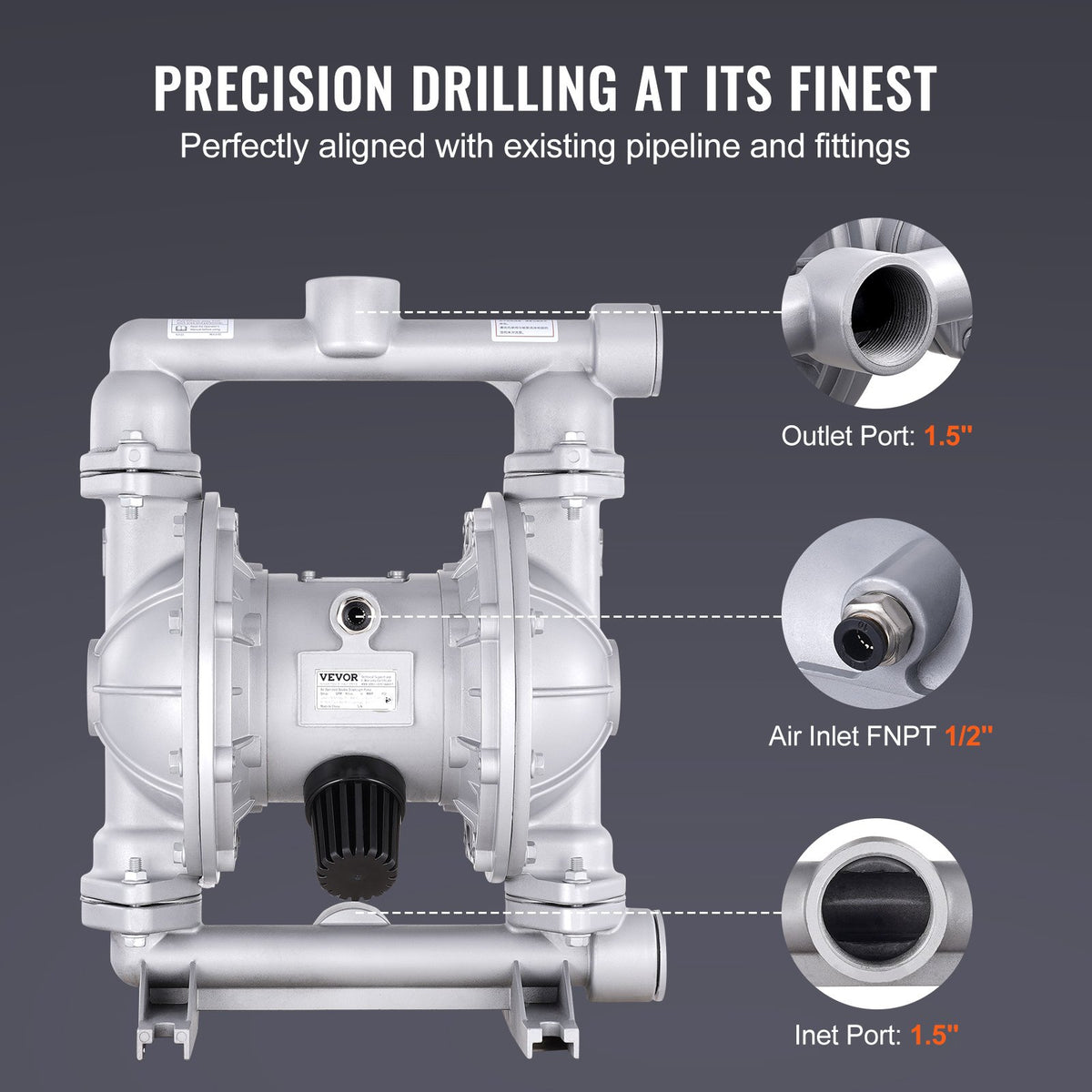 Luftdriven dubbelmembranpump, 44 GPM, max 115 PSI luft- och spilloljepneumatisk överföringspump med 2 extra membran, 3,8 cm inlopp och utlopp Membranpump i aluminiumlegering för diesel, fett och olja