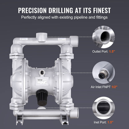 Luftdriven dubbelmembranpump, 44 GPM, max 115 PSI luft- och spilloljepneumatisk överföringspump med 2 extra membran, 3,8 cm inlopp och utlopp Membranpump i aluminiumlegering för diesel, fett och olja