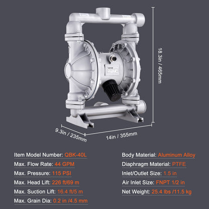 Luftdriven dubbelmembranpump, 44 GPM, max 115 PSI luft- och spilloljepneumatisk överföringspump med 2 extra membran, 3,8 cm inlopp och utlopp Membranpump i aluminiumlegering för diesel, fett och olja
