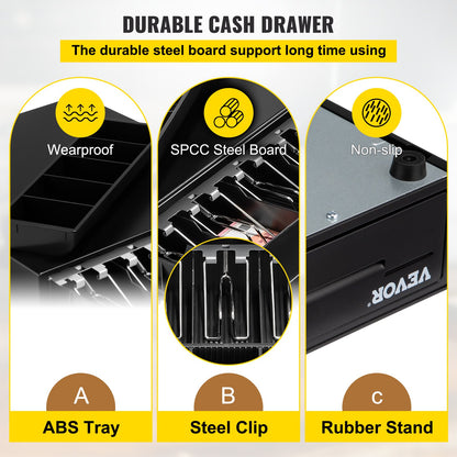 Cash Register Drawer, 33 cm 12 V, for POS System with 4 Bill 5 Coin Cash Tray, Removable Coin Compartment & 2 Keys Included, RJ11/RJ12 Cable for Supermarket, Bar, Coffee Shop, Restaurant