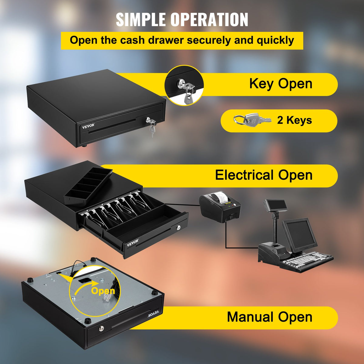 Cash Register Drawer, 33 cm 12 V, for POS System with 4 Bill 5 Coin Cash Tray, Removable Coin Compartment & 2 Keys Included, RJ11/RJ12 Cable for Supermarket, Bar, Coffee Shop, Restaurant