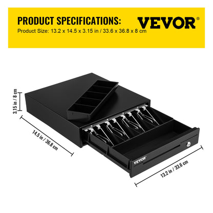 Cash Register Drawer, 33 cm 12 V, for POS System with 4 Bill 5 Coin Cash Tray, Removable Coin Compartment & 2 Keys Included, RJ11/RJ12 Cable for Supermarket, Bar, Coffee Shop, Restaurant
