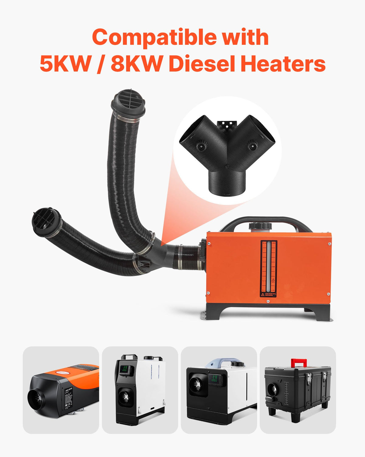 Dieselvärmarrörsventilationssats, 75 mm värmerör varmluftsventilationssats med Y-formad kontakt och luftkanalklämmor, parkeringsvärmare luftkanalventilationssats för 2KW 5KW 8KW dieselvärmare, svart
