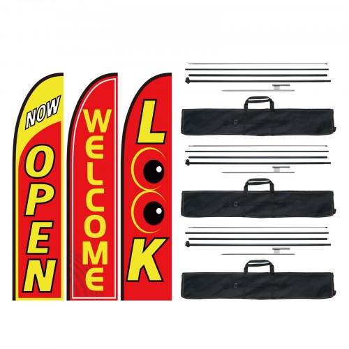 Open Flags with Pole Kit, Advertising Flags for Business Outside, Advertising Feather Flag Kit, 3 Flags (Open, Look, Welcome), 3 Poles, 3 Ground Stakes, Swooper Flags for Businesses 16.3 FT