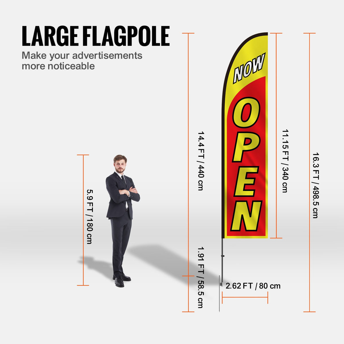 Öppna flaggor med stångsats, reklamflaggor för företag utomhus, reklamfjäderflaggsats, inkluderar 2 banderflaggor, 2 stänger, 2 markpinnar, öppna skyltflaggor för företag 16,3 fot