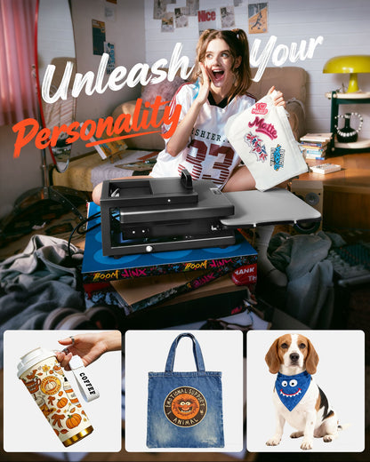 Hybrid värmepress, 380 x 380 mm, 5-i-1 multifunktion, Värmer upp snabbt och jämnt, Helt ny patenterad design, Lätt att kontrollera, Sublimeringspress för T-shirts/Muggar/Tumblers/Kepsar/Tallrikar, Svart