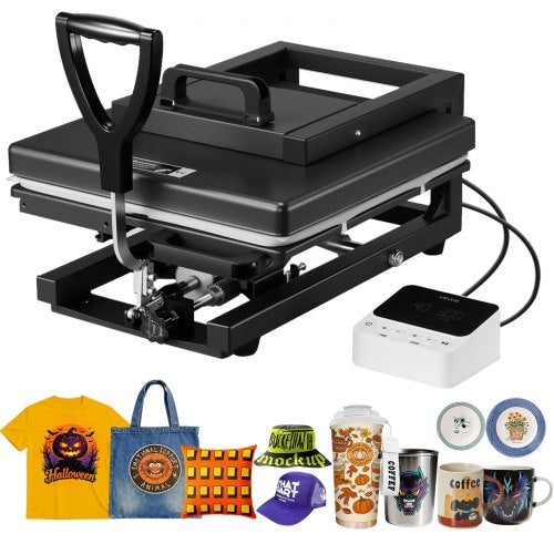Hybrid värmepress, 380 x 380 mm, 8-i-1 multifunktion, Värmer upp snabbt och jämnt, Helt ny patenterad design, Lätt att kontrollera, Sublimeringspress för T-shirts/Muggar/Tumblers/Kepsar/Tallrikar, Svart
