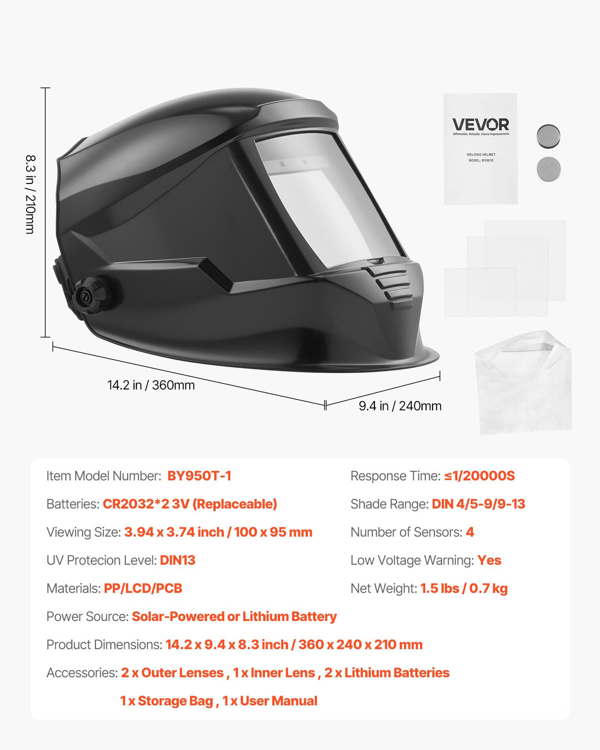 Svetshjälm med automatisk nedbländning, 100 x 95 mm svetshuva i äkta färg, 1/1/1/1 soldriven svetsmask med 4 ljusbågssensorer, bred skugga 4/5-9/9-13 för TIG MIG ARC-svetsning, slipning, skärning - METIS-serien